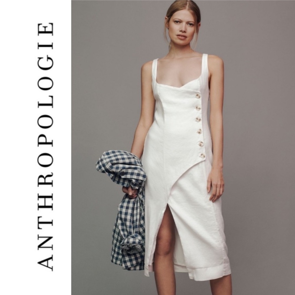 NWT Anthropologie Sleeveless Square Neck Linen Button Wrap Midi Dress White